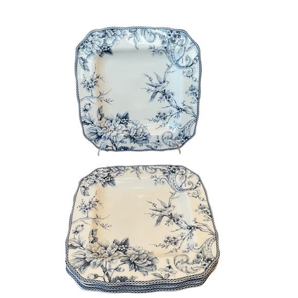 222 Fifth Adelaide Blue Salad Plates 8.5in Square Set of 4 Bird & Floral Design - Picture 2 of 7